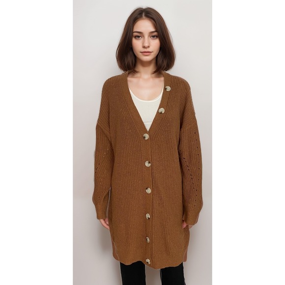 LineandDot‎ Anthropologie Long Cardigan Sweater Sz M Brown Chunky Knit - Picture 1 of 9